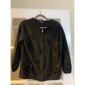 cinnamon cinder black vintage sweater jacket full zip leaf design autumn small